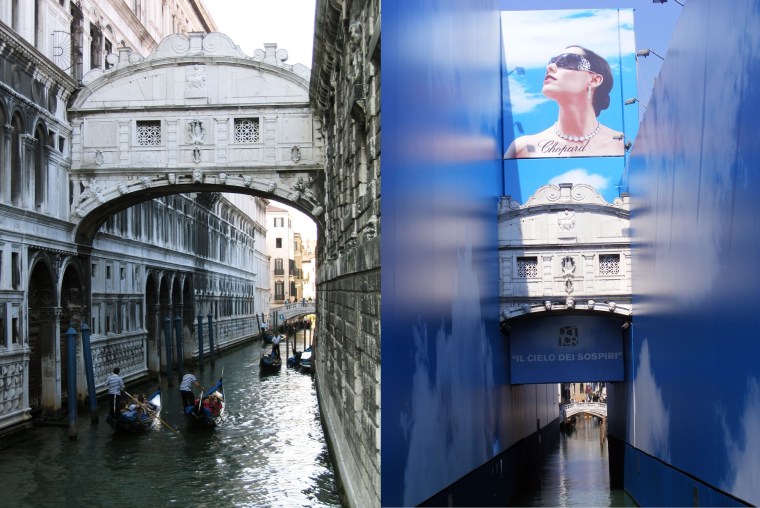 Venice's trademark Bridge of Sighs (left) is now covered with advertising posters while being renovated (right). 